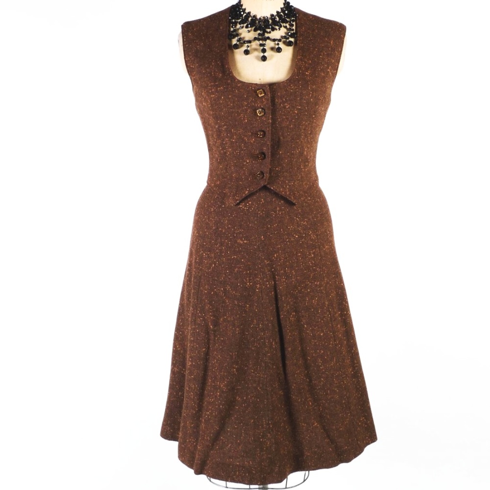 Vintage 50's Vest & Skirt Set Brown Flecked Wool